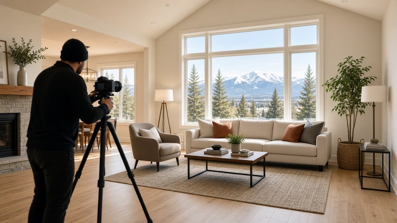 Professional HDR real estate exterior photo of a Calgary home at golden hour