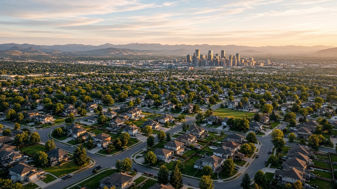 Aerial drone photography of a Calgary neighbourhood at golden hour