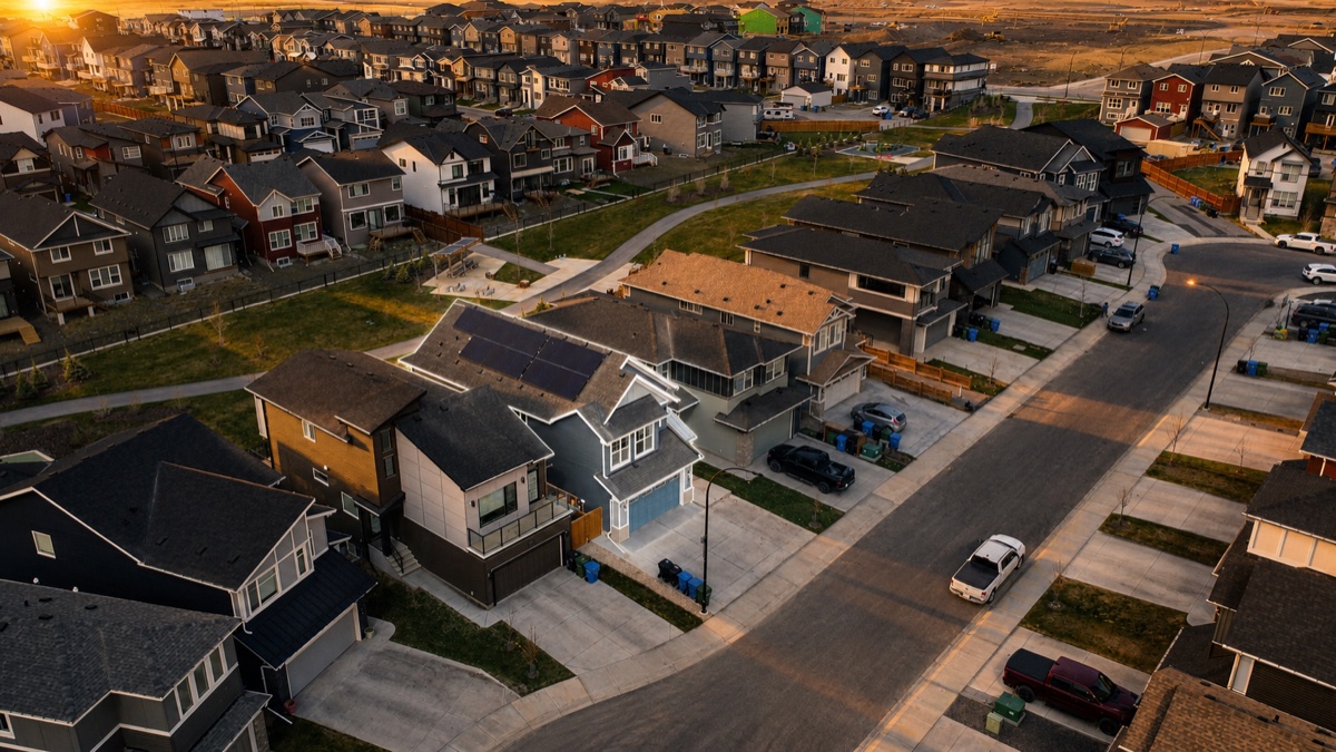 Drone photography Calgary, aerial neighbourhood at golden hour